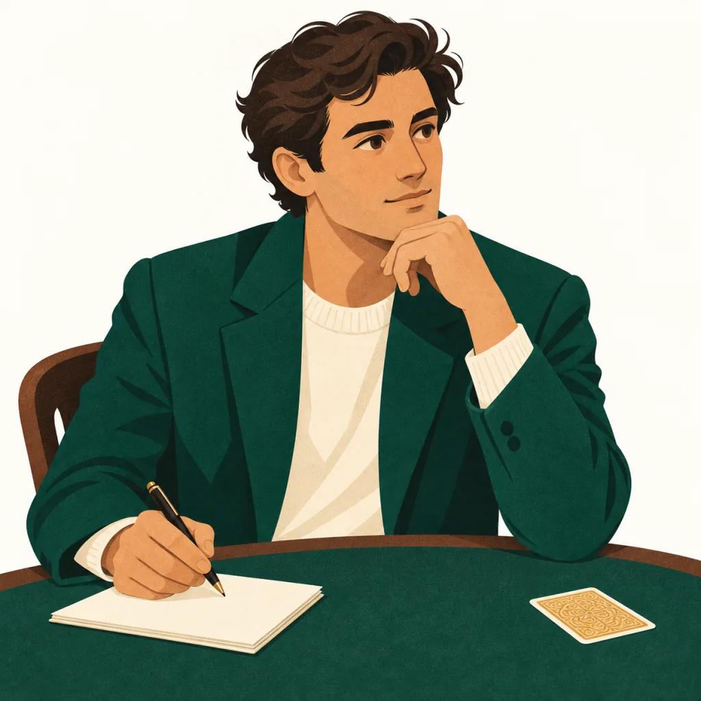 Illustrazione della firma redazionale Settimio Di Censo: una figura seduta a un tavolo verde che prende appunti accanto a una carta coperta