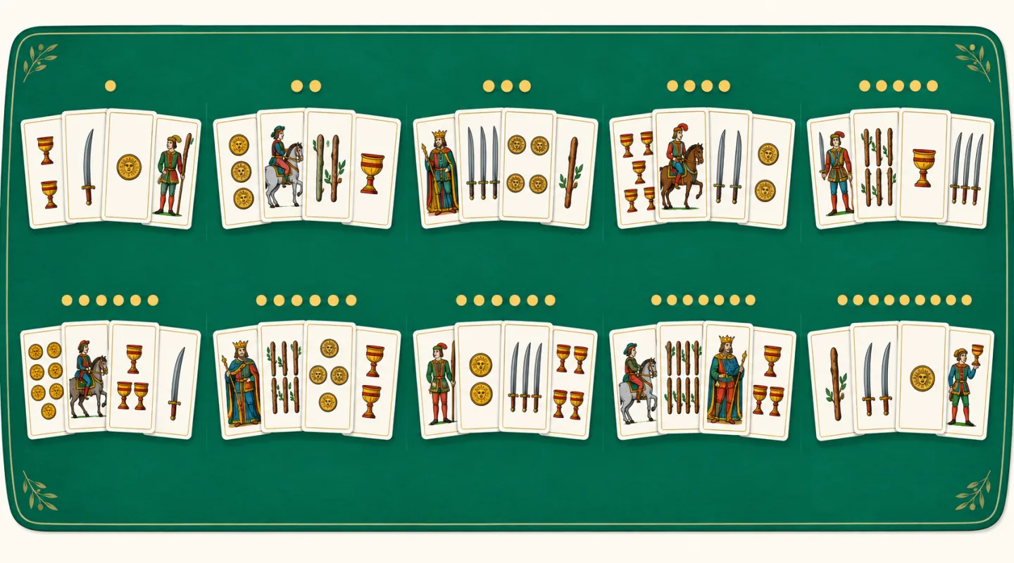 Dieci prese di carte italiane allineate su un tavolo verde, ciascuna numerata da pallini dorati