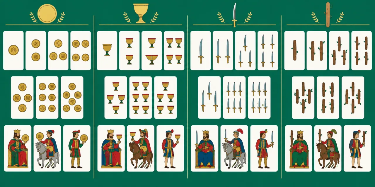 Carte italiane ordinate in quattro colonne, una per ogni seme: denari, coppe, spade e bastoni
