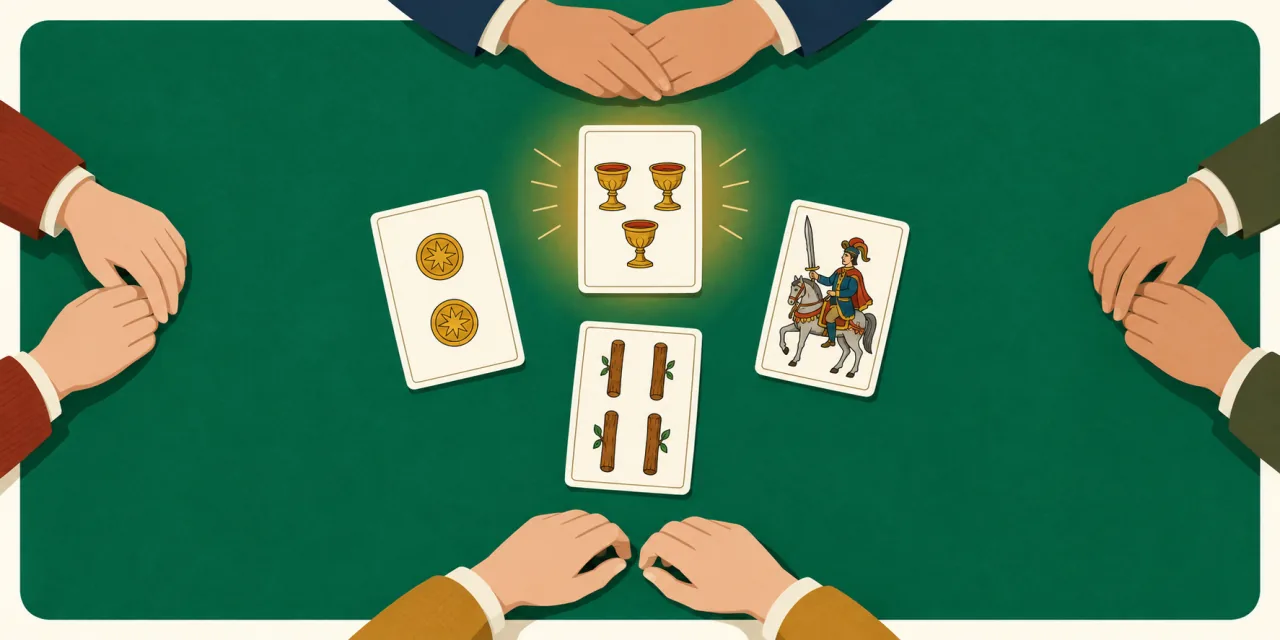 Quattro carte italiane al centro del tavolo, con un alone dorato attorno al tre di coppe che vince l’ultima presa