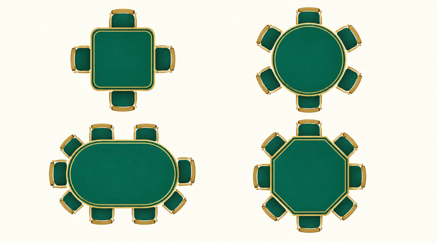 Quattro tavoli da gioco verdi visti dall’alto, di forma diversa e con un diverso numero di posti