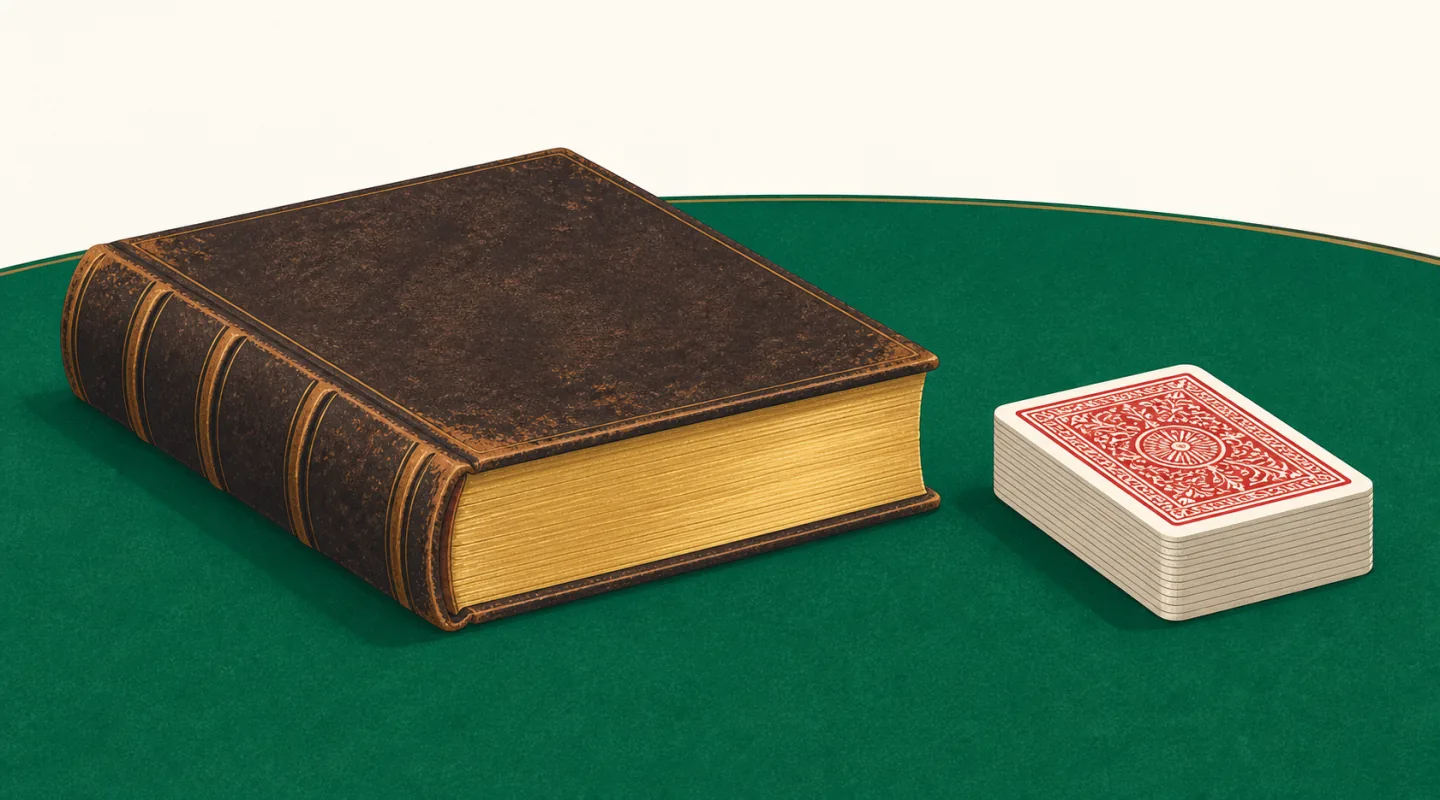 Un vecchio libro rilegato in pelle, dal taglio dorato, accanto a un mazzo di carte coperte su un tavolo verde