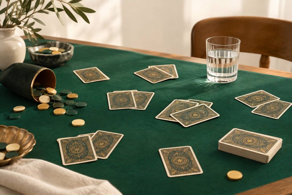 Table de jeu sobre avec tapis vert et cartes etalees face cachee