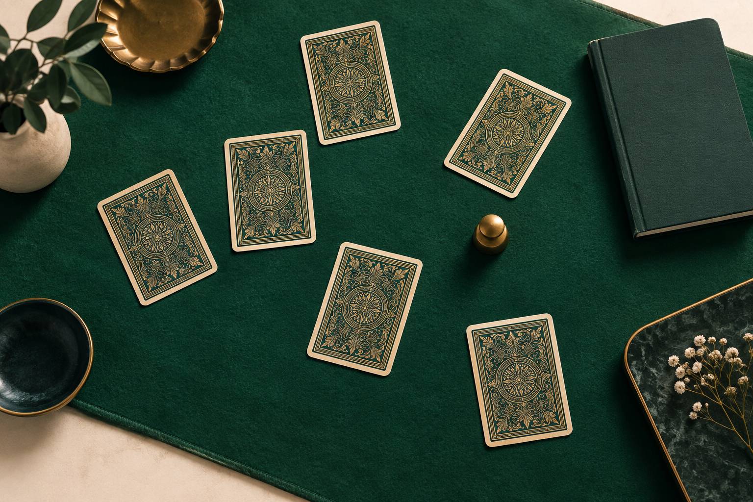 Tapis de jeu vert avec cartes face cachee, marqueur et carnet ferme
