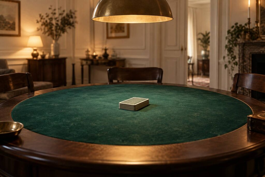 Table de cercle avec feutrine verte et cartes face cachee sous une lampe chaude