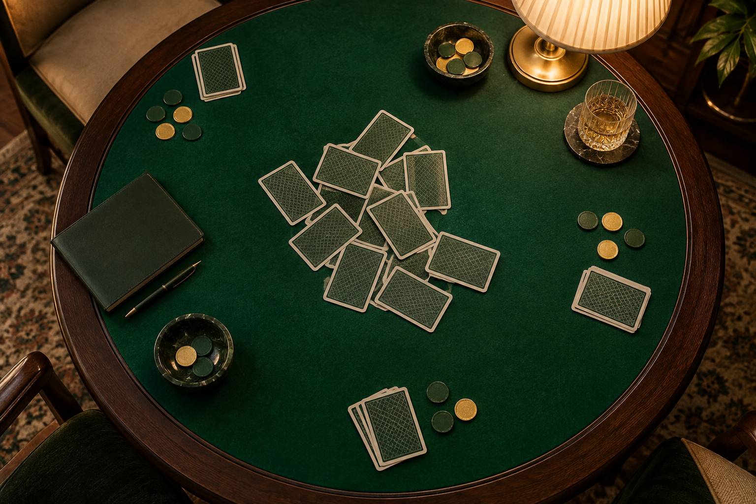 Cartes a jouer face cachee etalees sur une feutrine verte