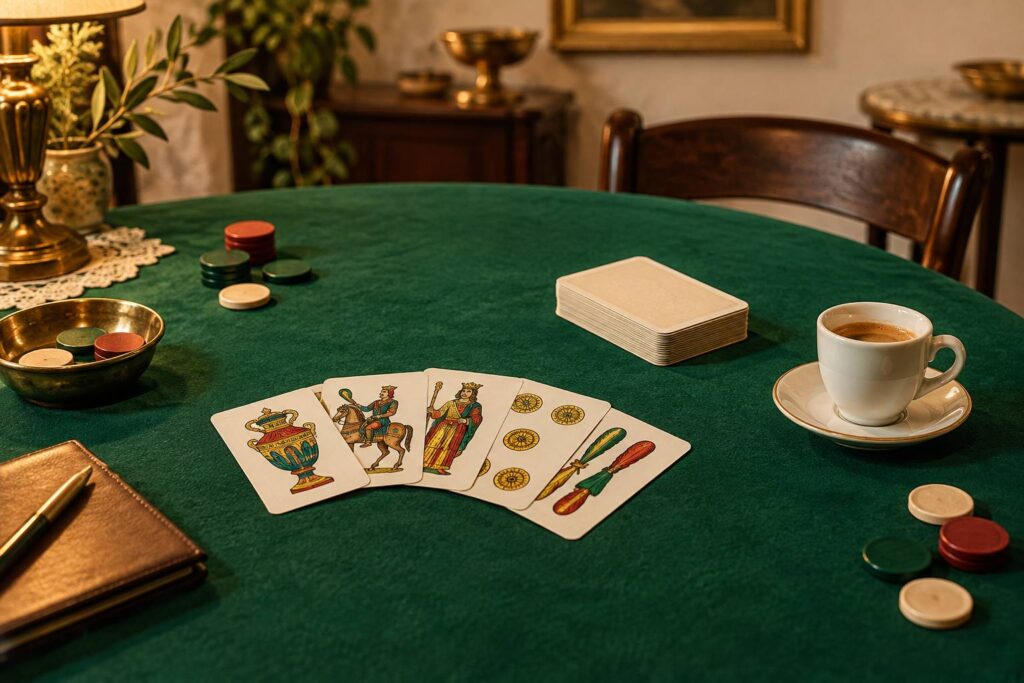 Cartes a jouer face cachee sur une table de jeu en feutrine verte