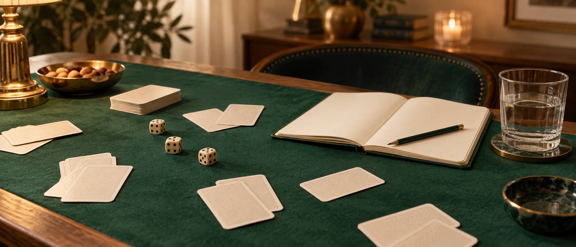Cartes a jouer face cachee sur une table de jeu en feutrine verte