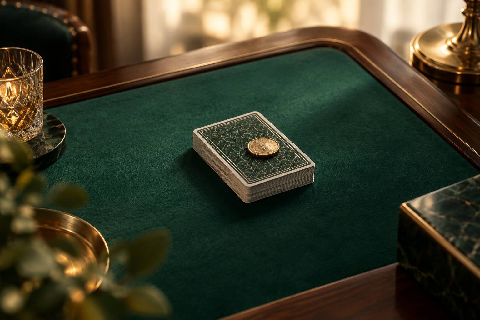 Paquet de cartes a jouer retourne face cachee sur un tapis de feutre avec une piece