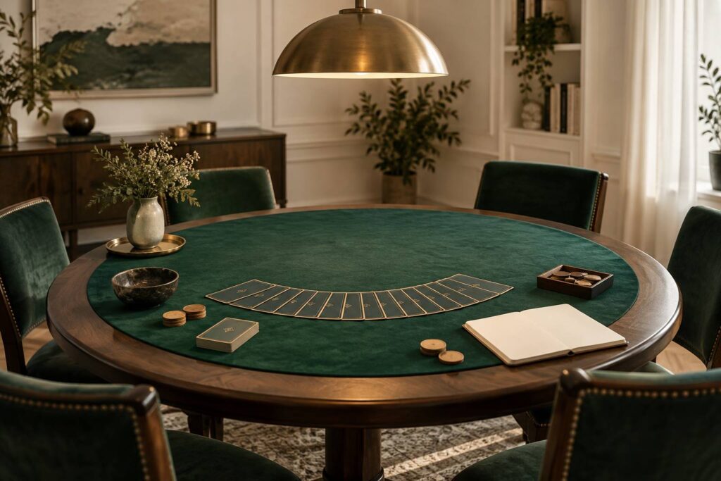 Table de cercle avec cartes a jouer retournees en eventail sur feutrine verte