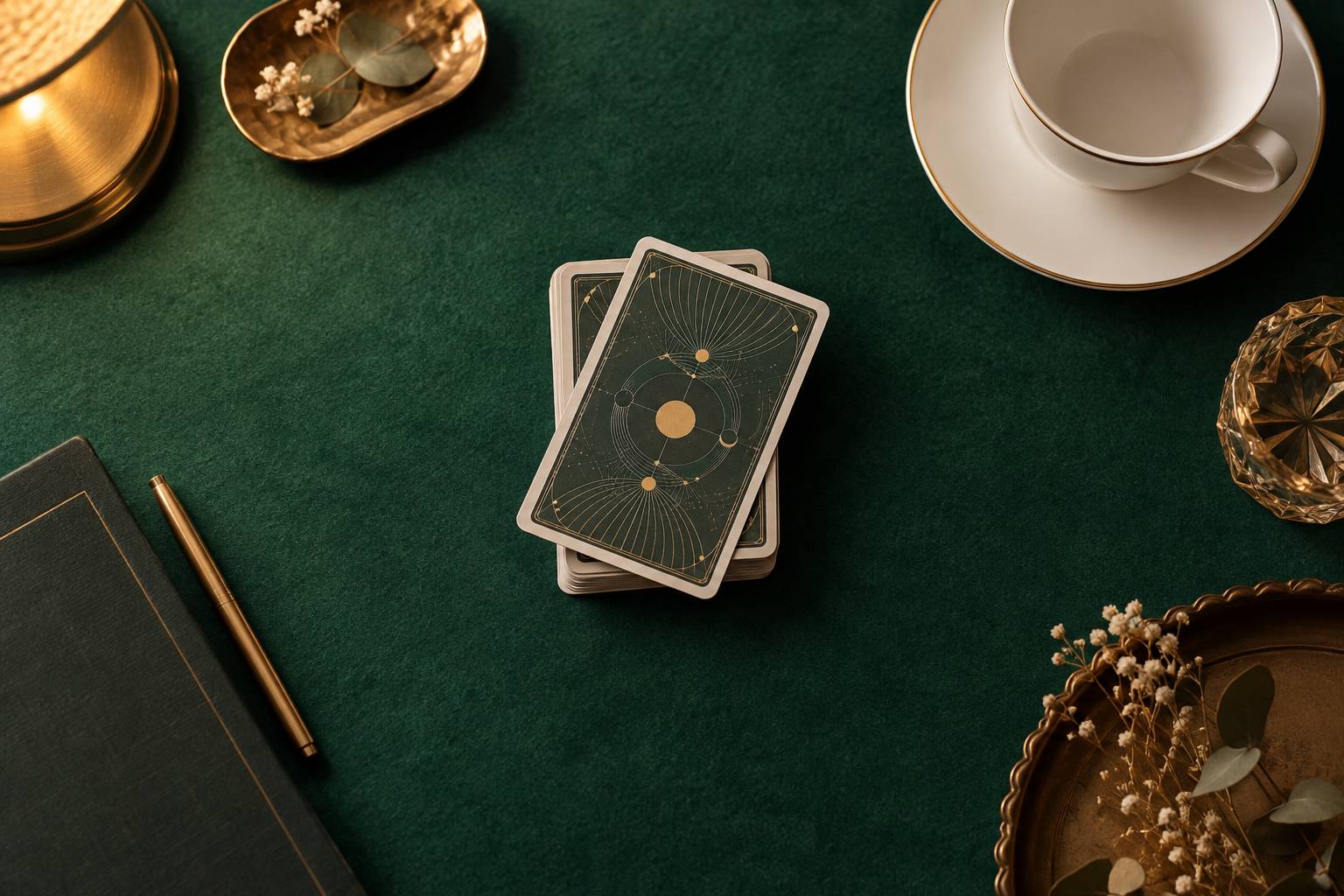 Paquet de cartes face cachee empile sur un tapis de jeu vert