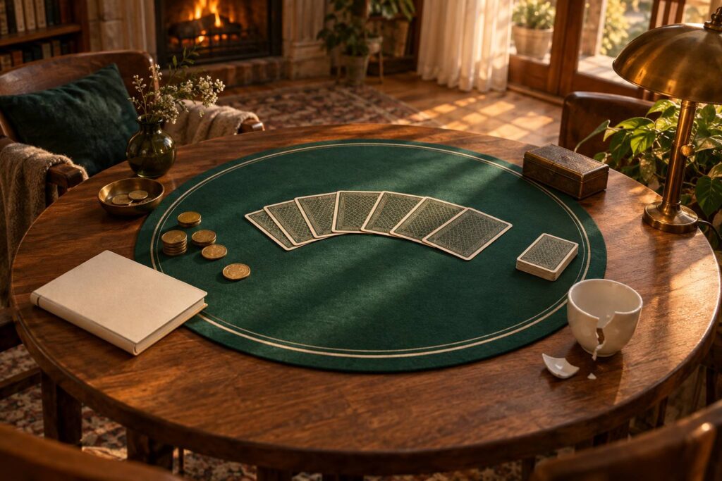 Cartes a jouer face cachee sur un tapis vert de table de cercle