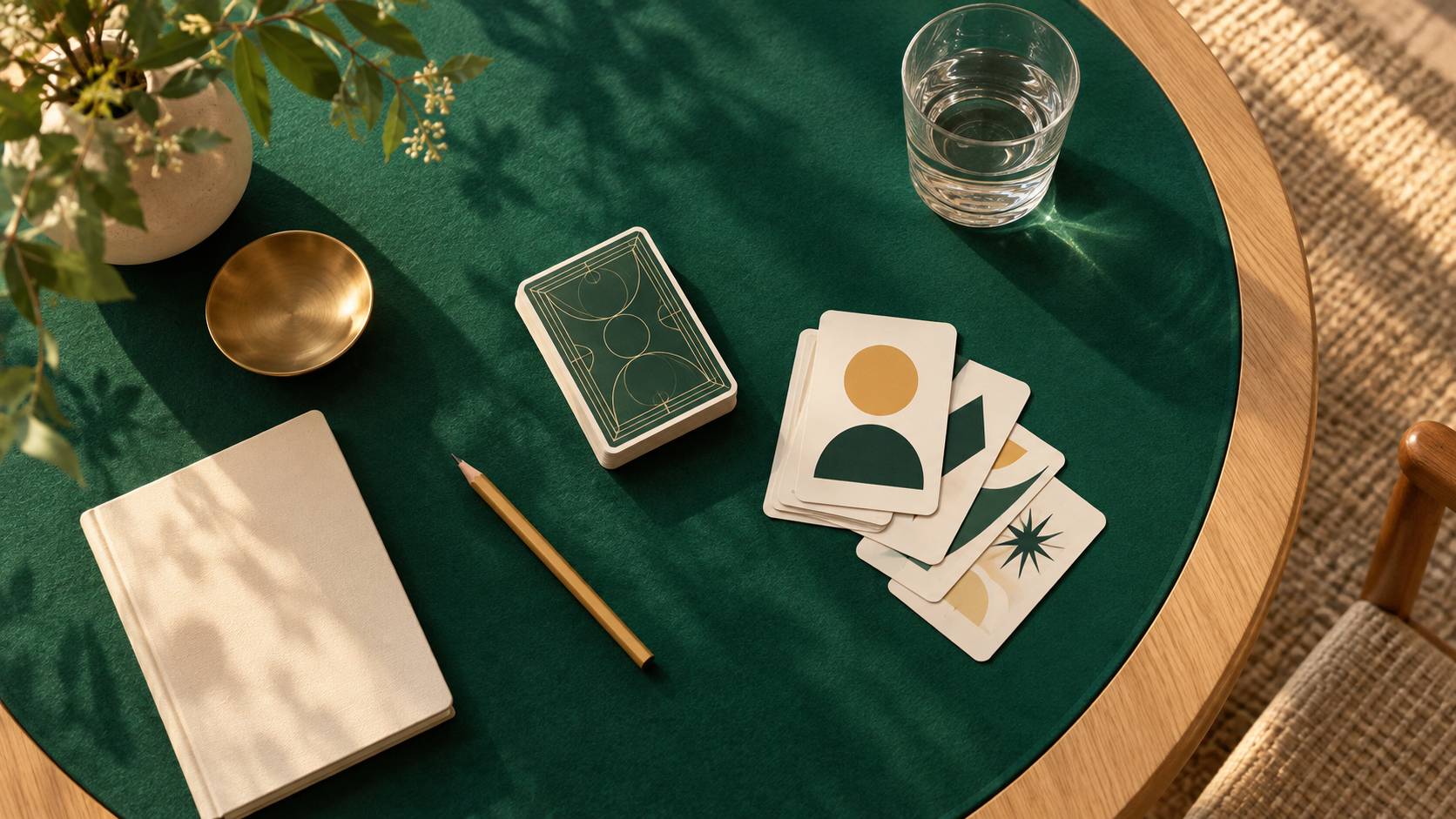 Paquet de cartes pose sur un tapis de jeu vert avec carnet ferme