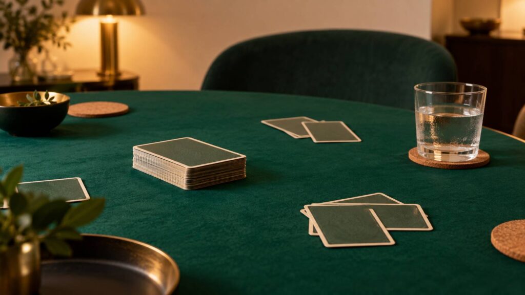 Jeu de cartes empile faces cachees sur une feutrine verte