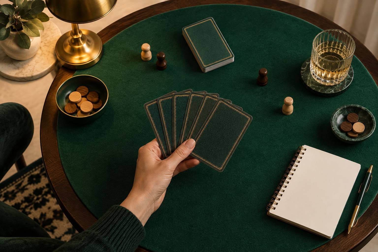 Cartes tenues en main et pions en bois sur une table de jeu