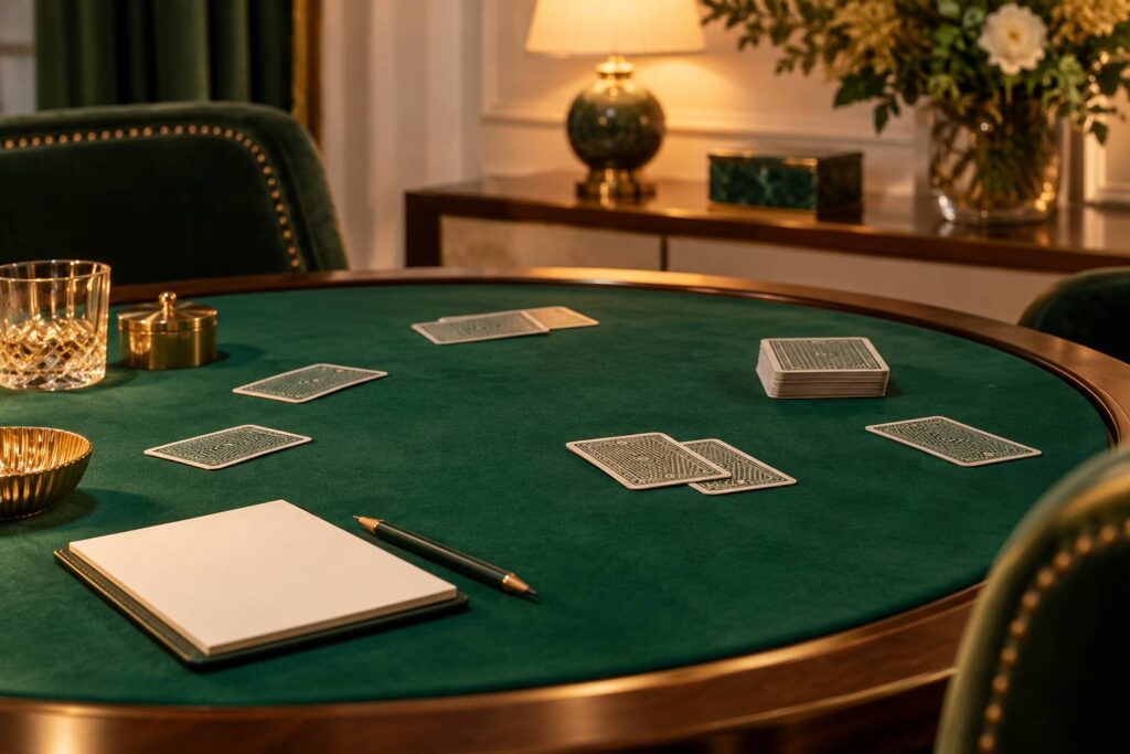 Table de jeu avec feutrine verte et cartes retournees face cachee