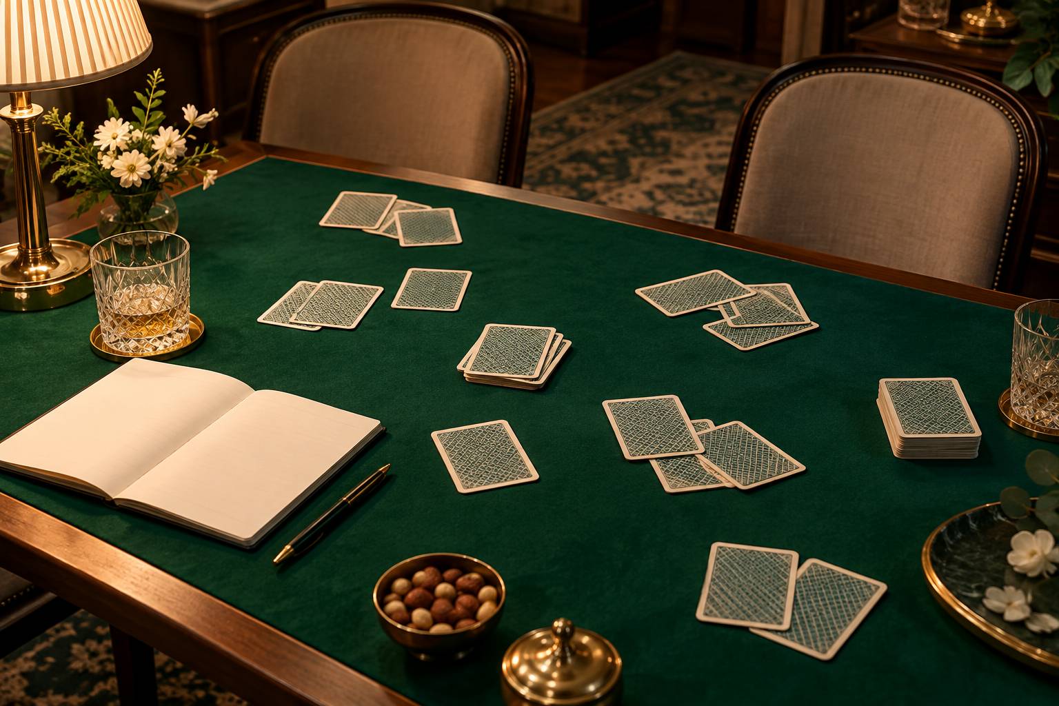 Fin de partie de cartes etalees face cachee sur un tapis vert