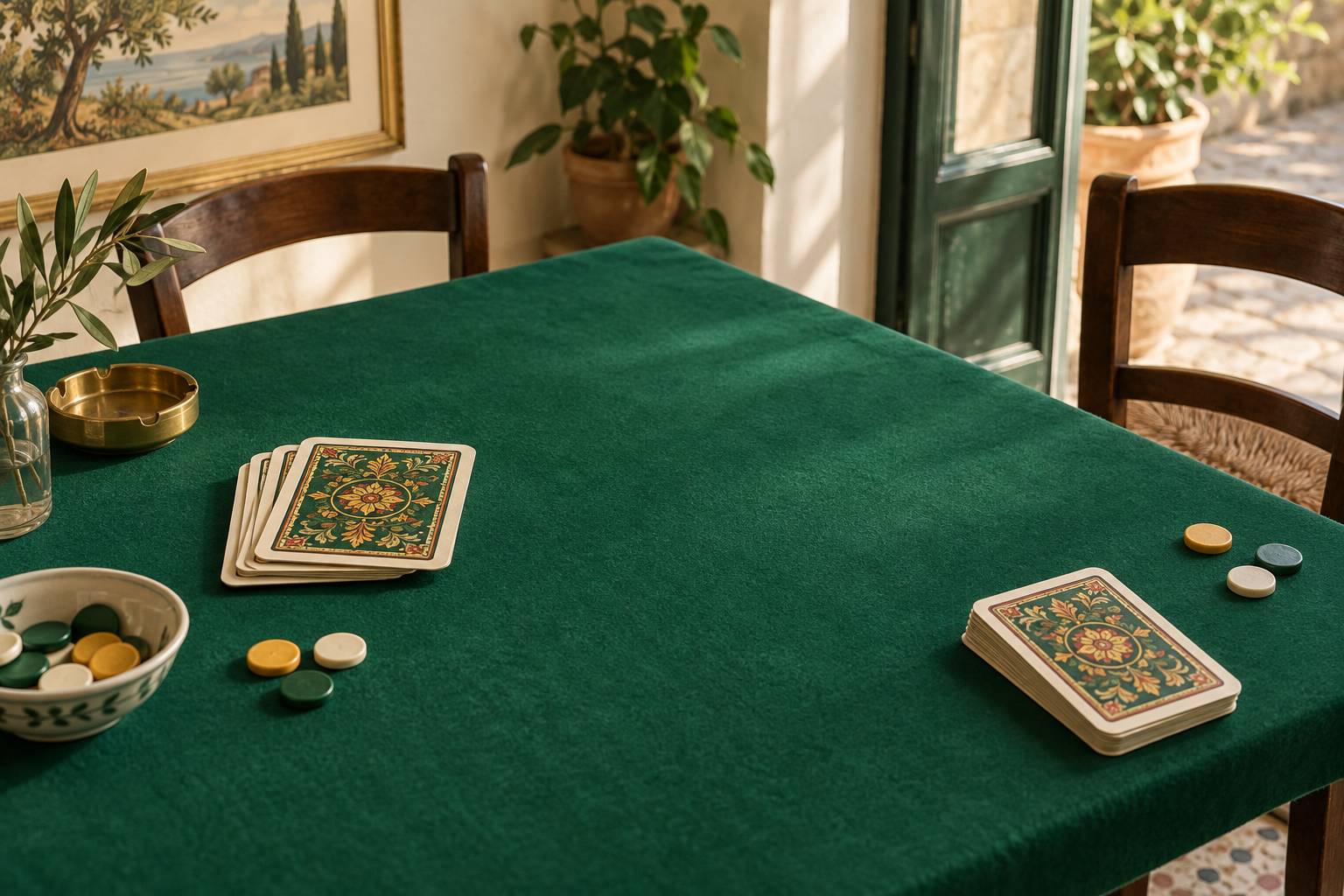 Coin de table avec cartes italiennes et pions marqueurs