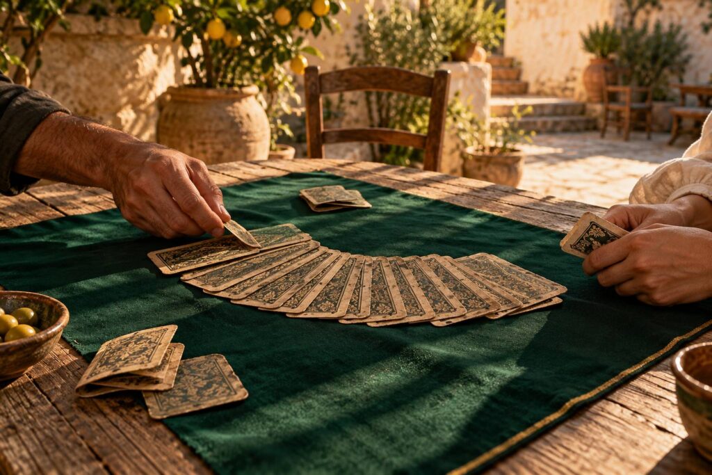 Cartes à jouer anciennes usées étalées en éventail sur une table en bois brut