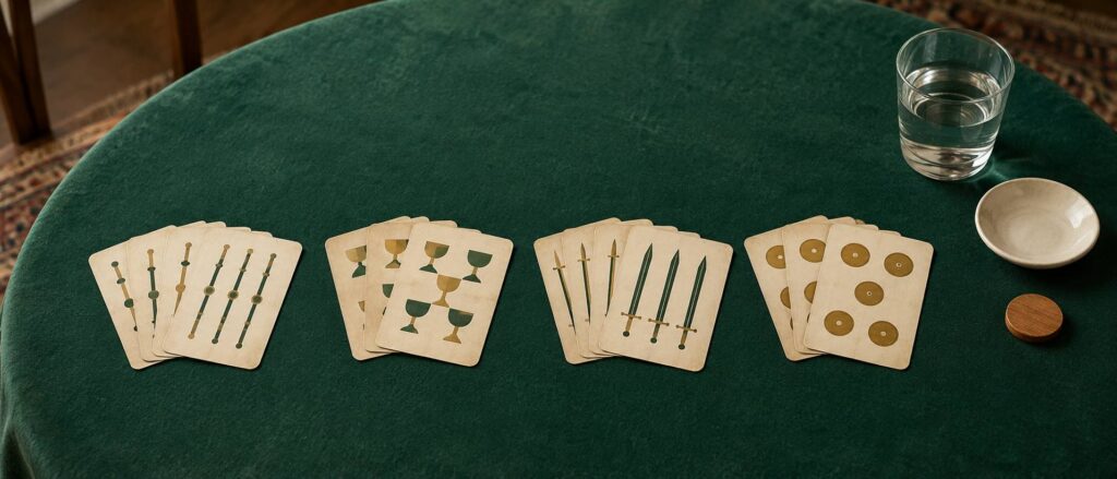 Quatre petits groupes de cartes à jouer ivoire alignés par enseigne sur un tapis vert