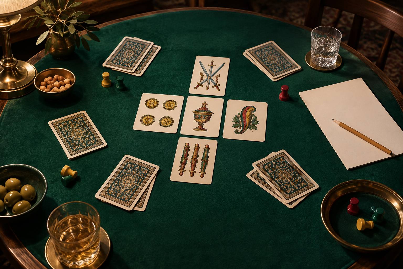 Cartes italiennes en croix sur un tapis vert avec pions et feuille vierge