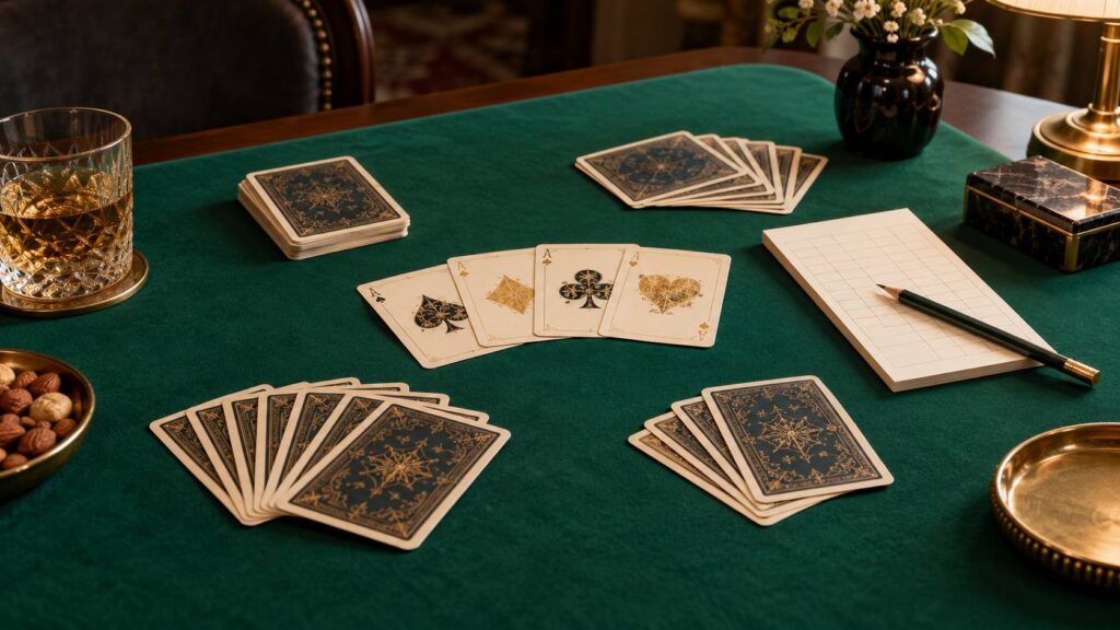 Cartes étalées sur un tapis vert avec carnet de score et crayon sur une table de club