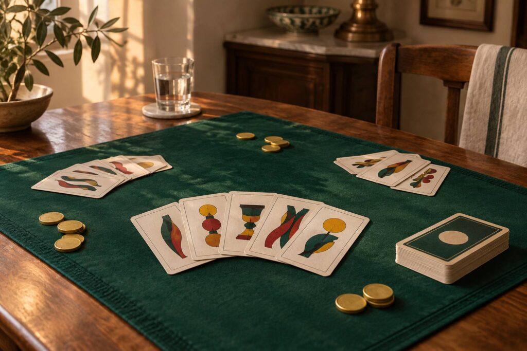 Table de jeu en bois avec cartes italiennes génériques et jetons de comptage