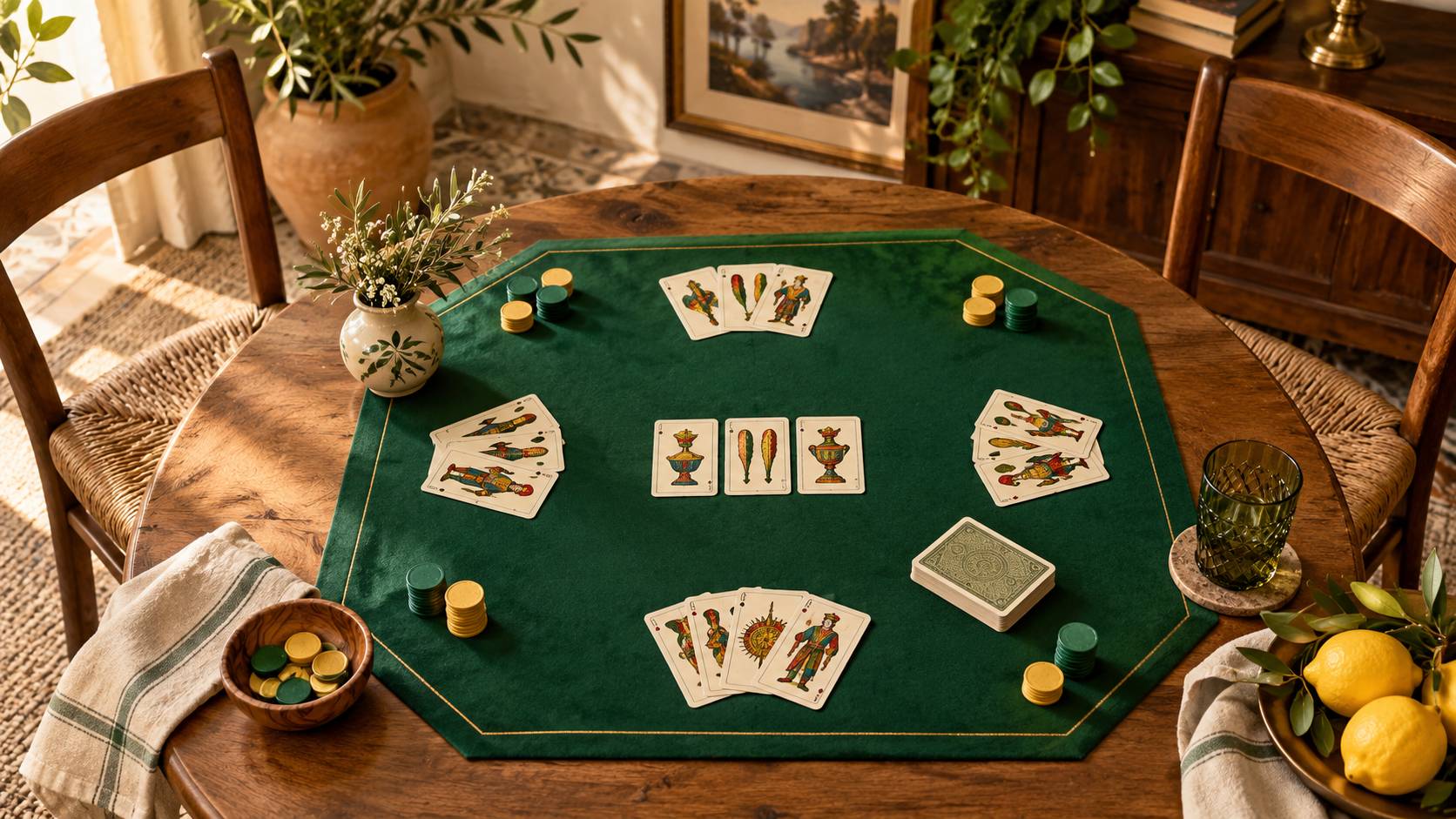 Partie de cartes générique étalée sur une table de bois avec tas de jetons