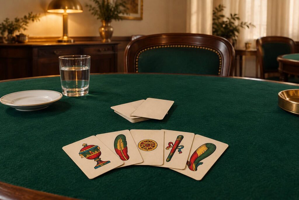 Jeu de cartes en éventail sur un tapis de feutre vert