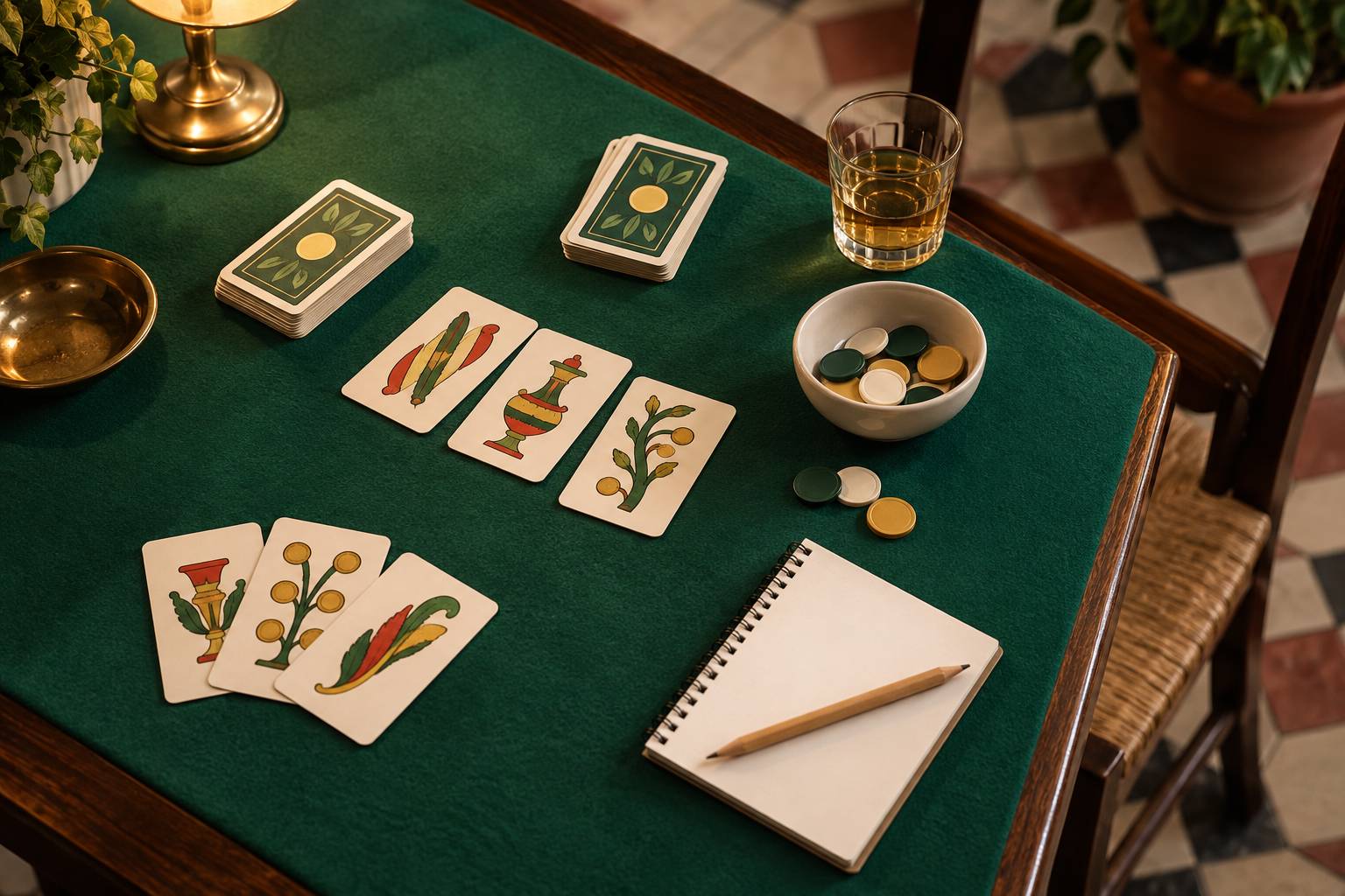 Cartes étalées en petits tas, carnet et crayon sur une table de jeu verte