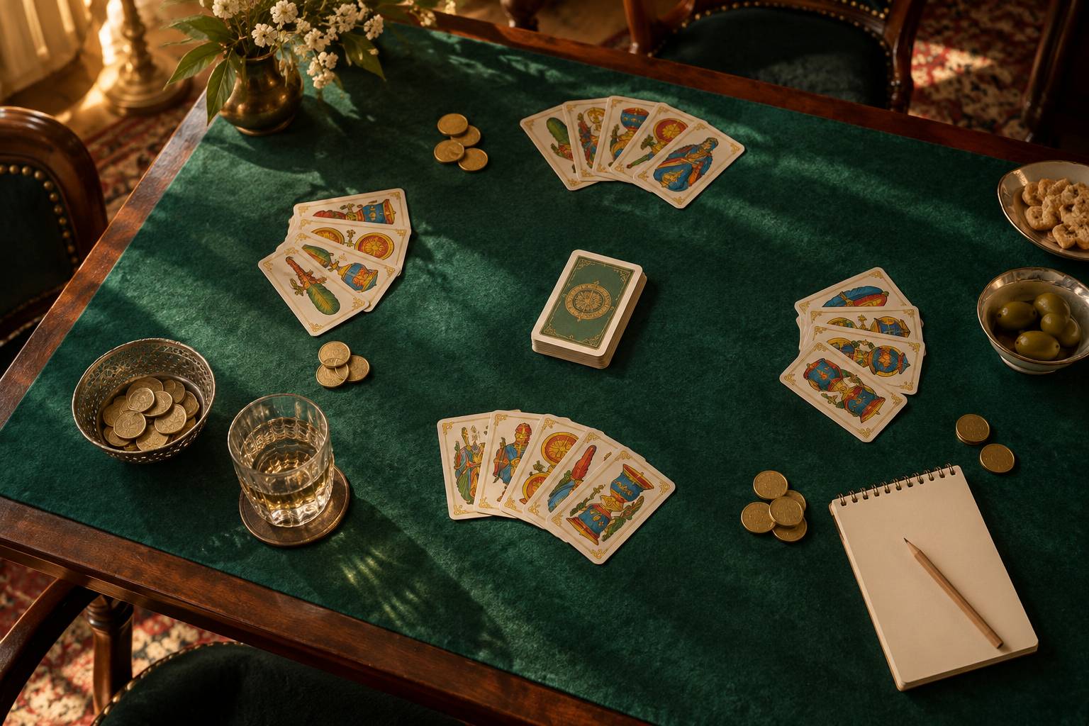 Éventail de cartes italiennes et carnet de score sur une table de jeu