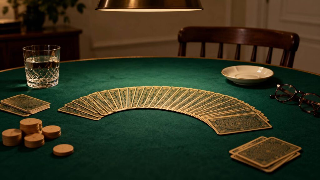 Cartes à jouer retournées sur un tapis de feutre vert avec jetons et verre