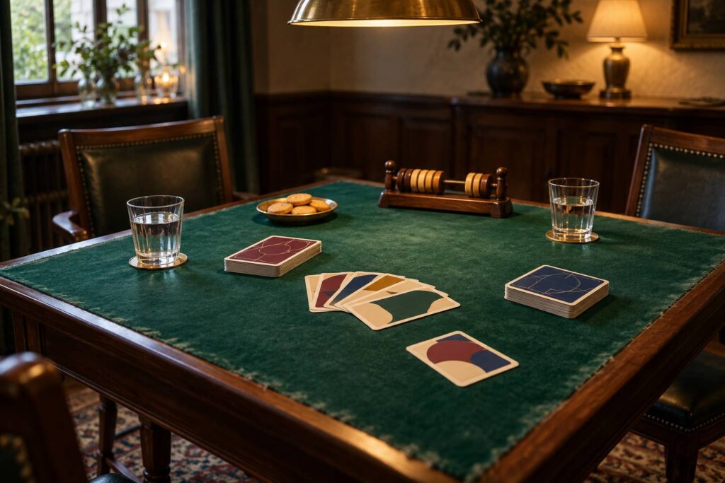 Table de jeu avec tapis de feutrine verte, paquets de cartes génériques et compteur de points en bois