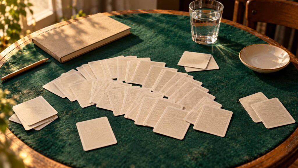Table de jeu recouverte de feutrine verte avec un jeu de cartes posé dos visible en éventail