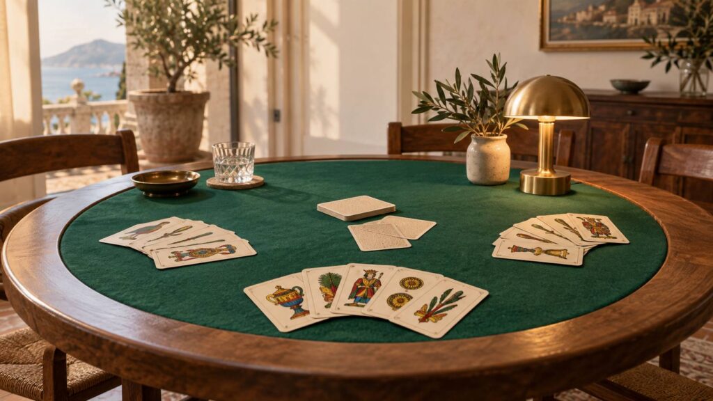 Table de jeu en bois avec un jeu de cartes italiennes dispose en eventail