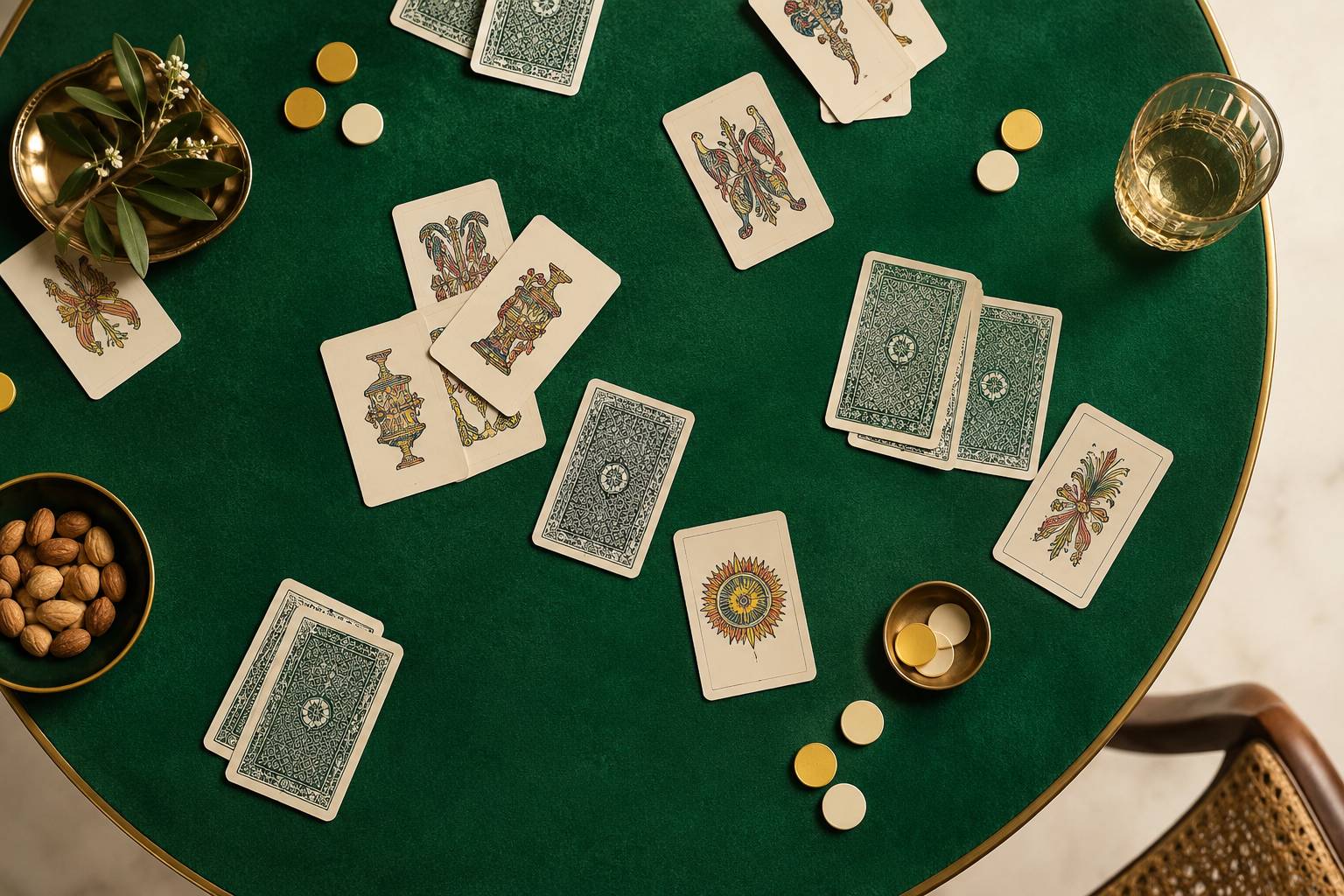 Cartes a jouer etalees sur un tapis de jeu vert avec jetons neutres